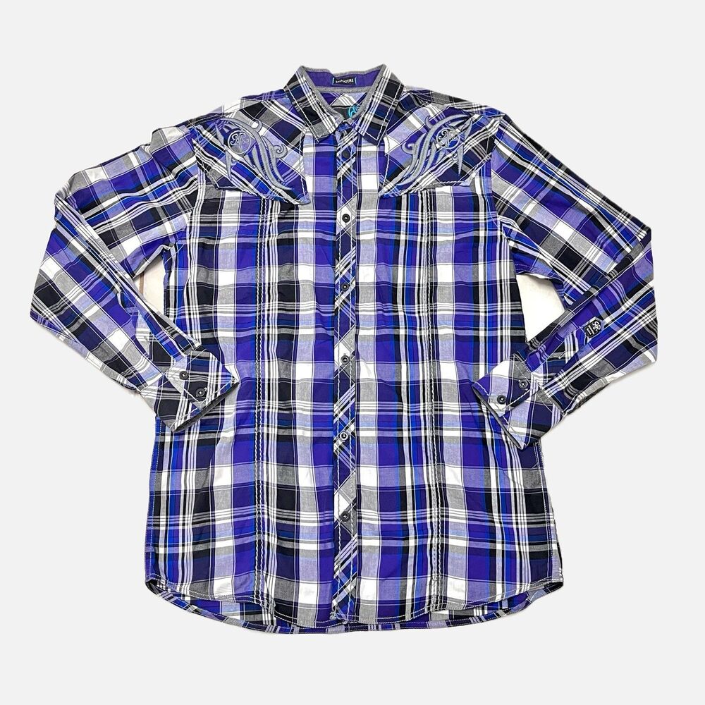Roar Signature Atlas  Blue/Purple Plaid Embroidered Long Sleeve Shirt Size L